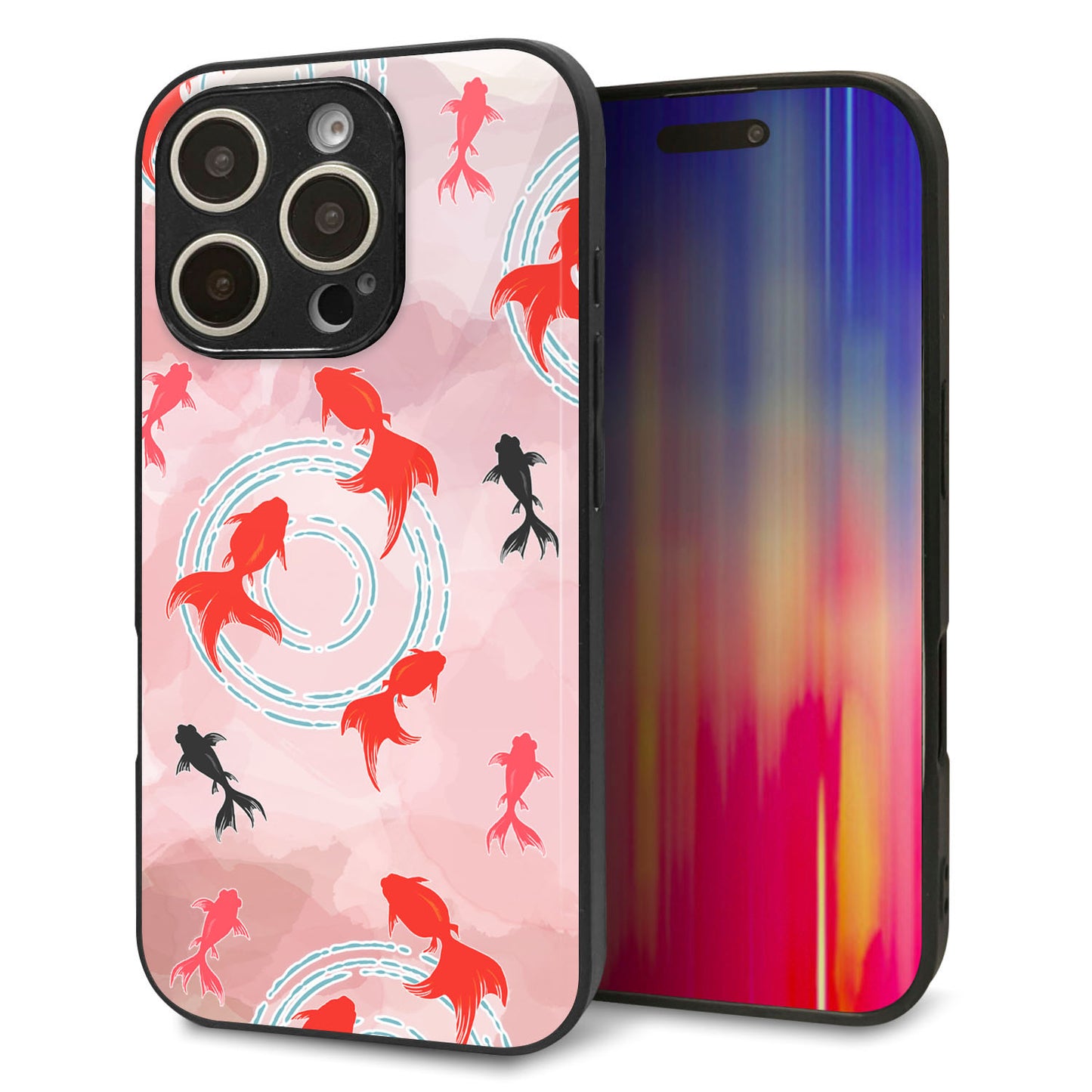 iPhone16 Pro 強化ガラス&TPUスマホケース ガラプリ【HA228 金魚 水彩 ピンク】
