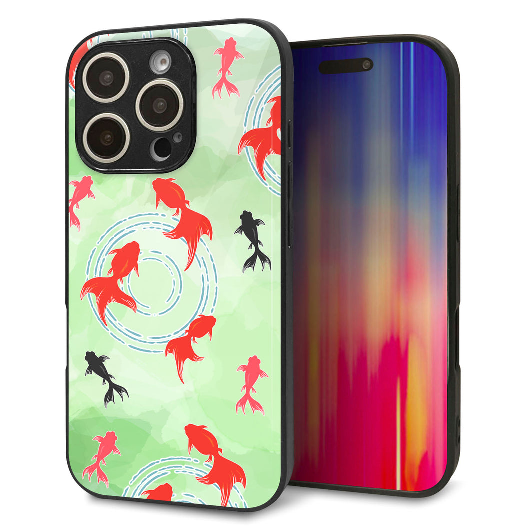 iPhone16 Pro 強化ガラス&TPUスマホケース ガラプリ【HA229 金魚 水彩 グリーン】