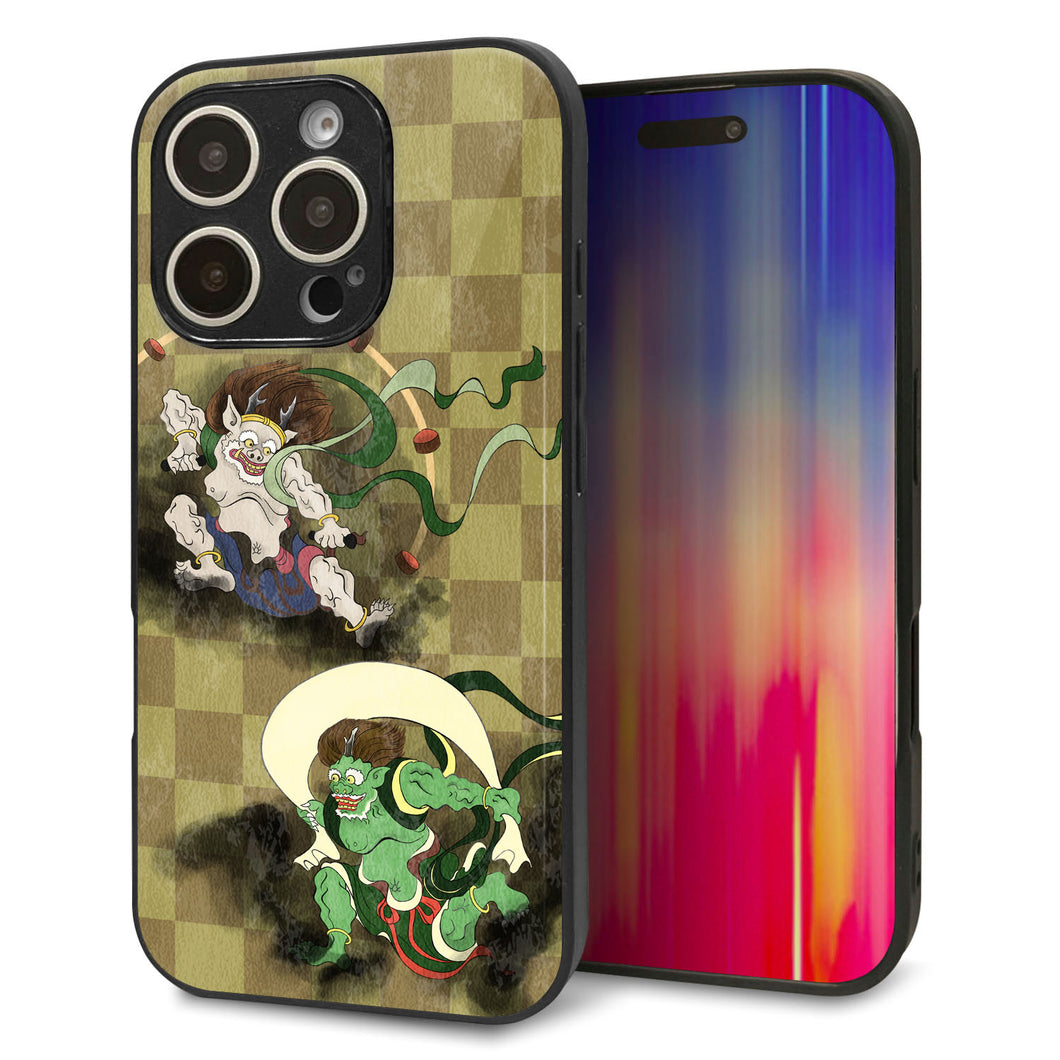 iPhone16 Pro 強化ガラス&TPUスマホケース ガラプリ【HA236 風神雷神 金市松】