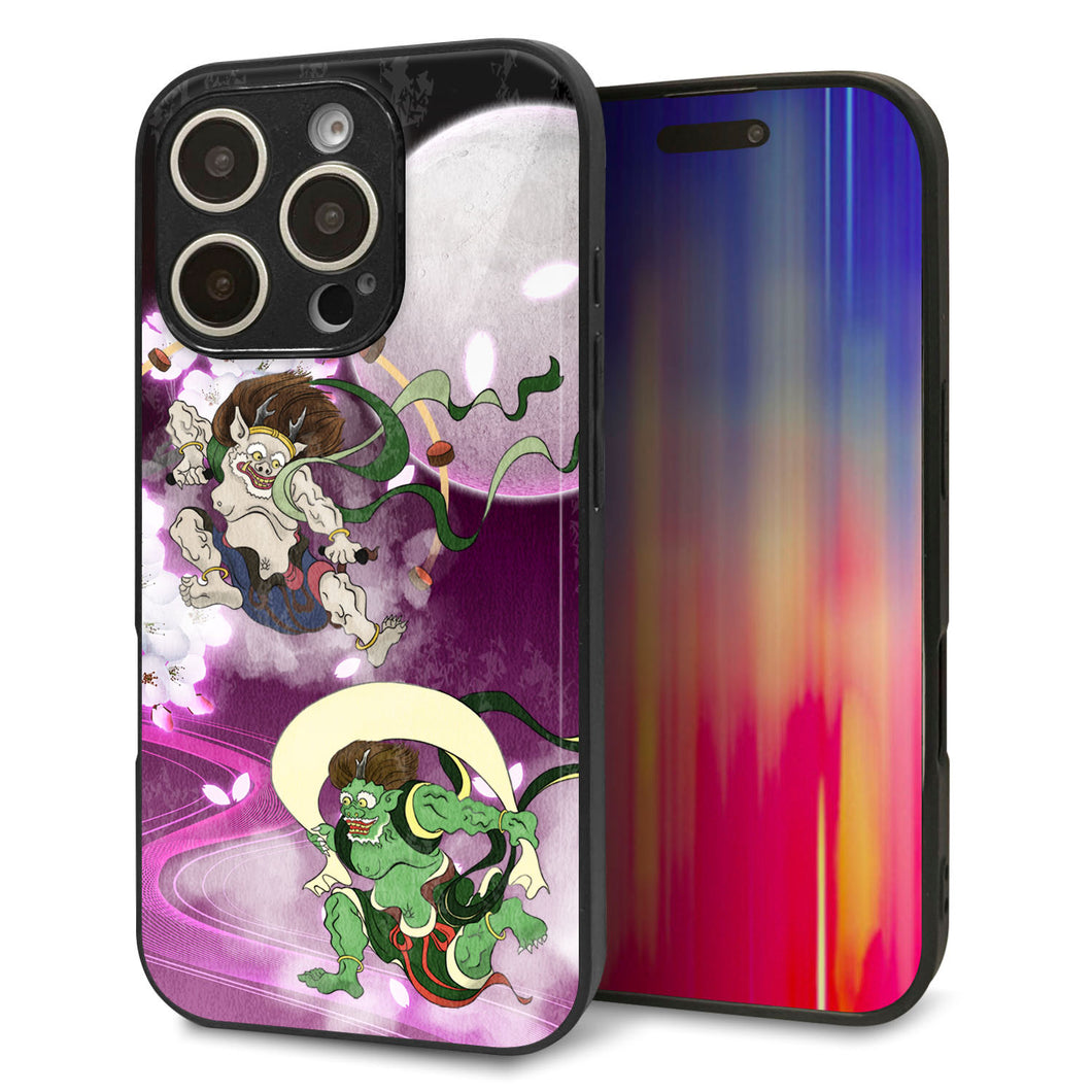 iPhone16 Pro 強化ガラス&TPUスマホケース ガラプリ【HA240 風神雷神 紫の月と桜】