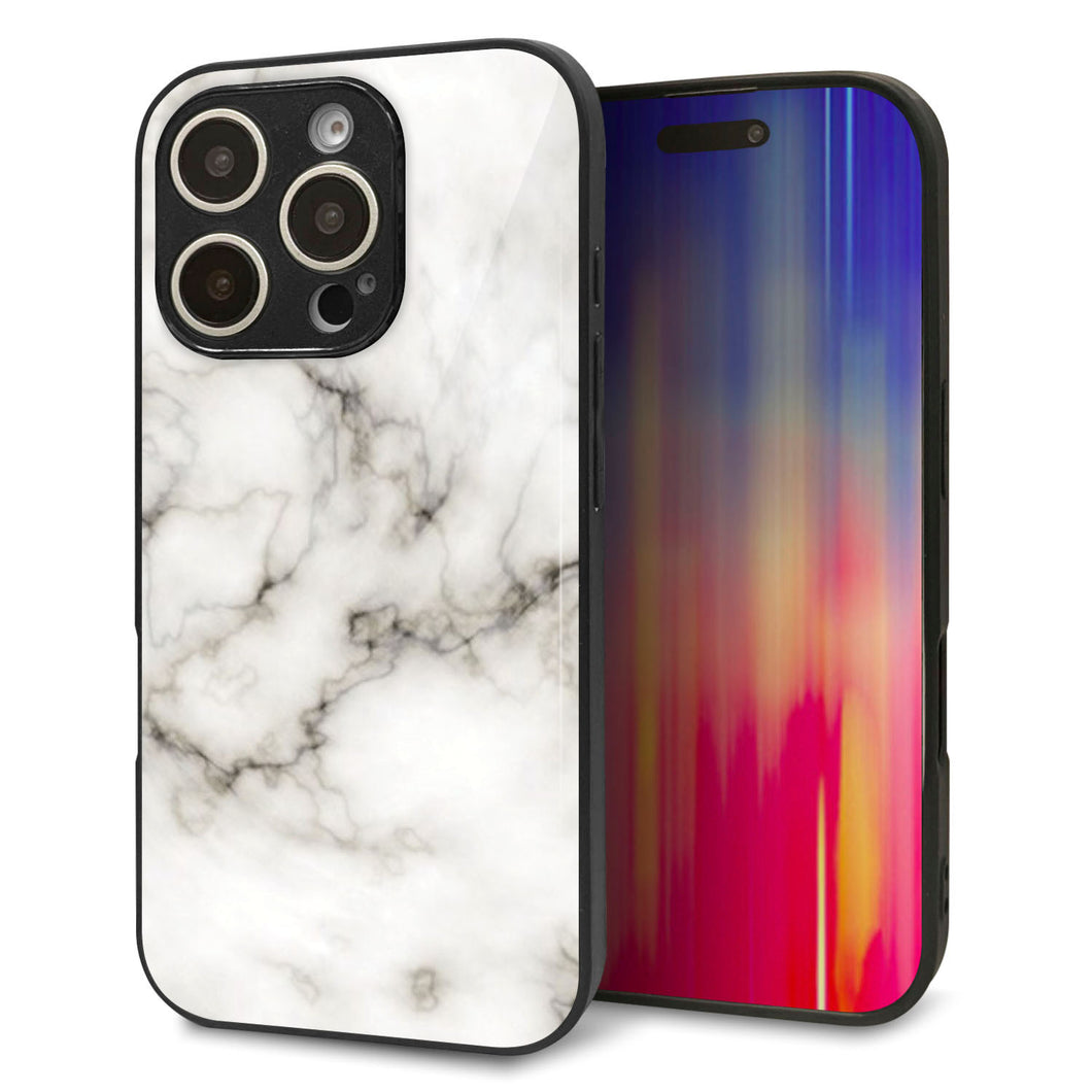 iPhone16 Pro 強化ガラス&TPUスマホケース ガラプリ【KM871 大理石WH】