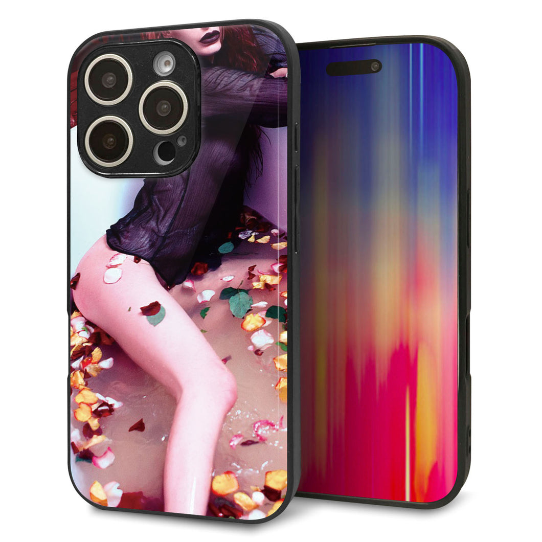 iPhone16 Pro 強化ガラス&TPUスマホケース ガラプリ【KM885 バラ風呂】