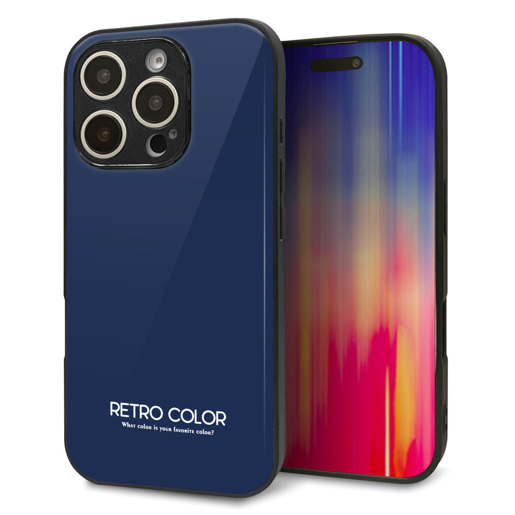 iPhone16 Pro 強化ガラス&TPUスマホケース ガラプリ【KM918 レトロカラー(ネイビー)】