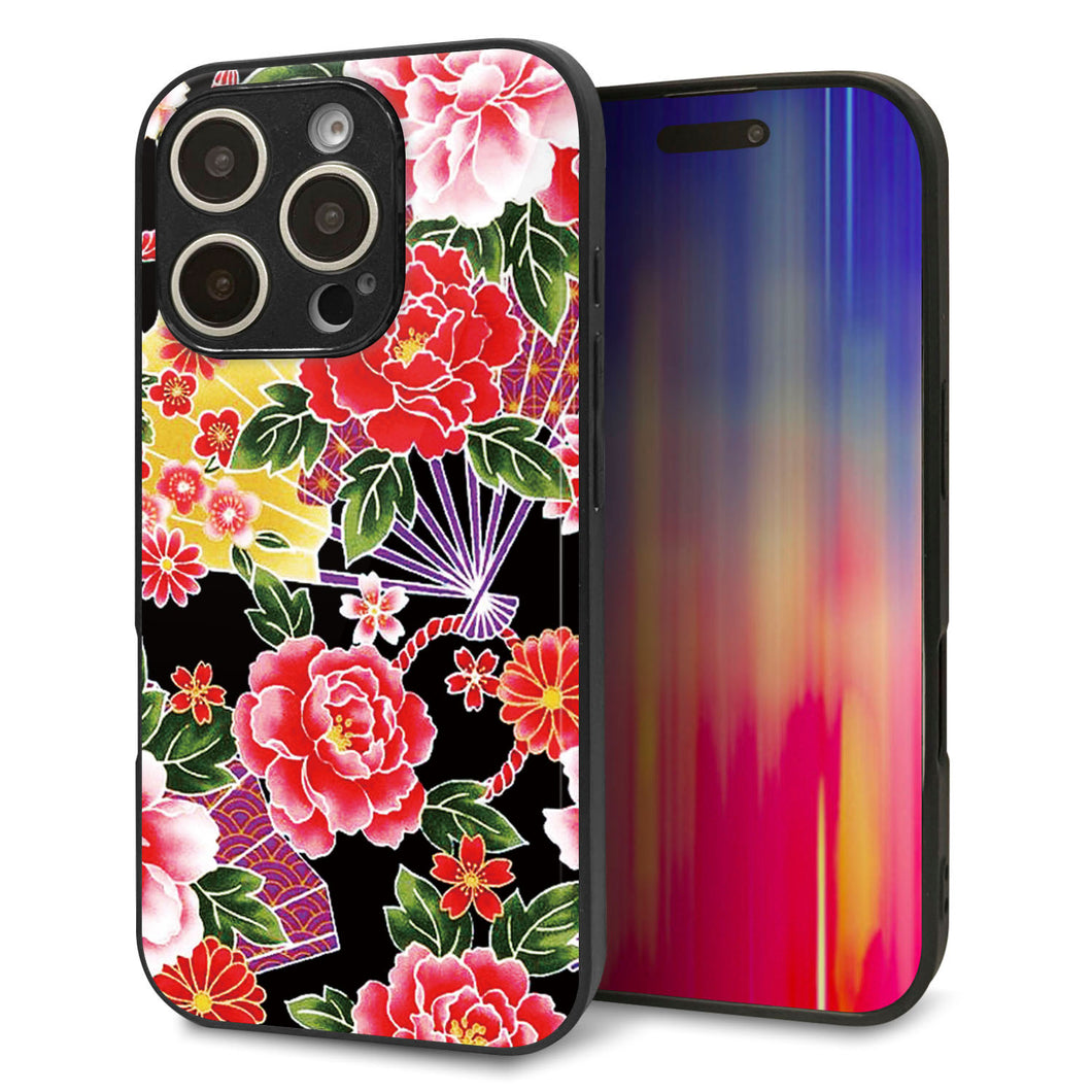 iPhone16 Pro 強化ガラス&TPUスマホケース ガラプリ【MA959 和柄 花 A】