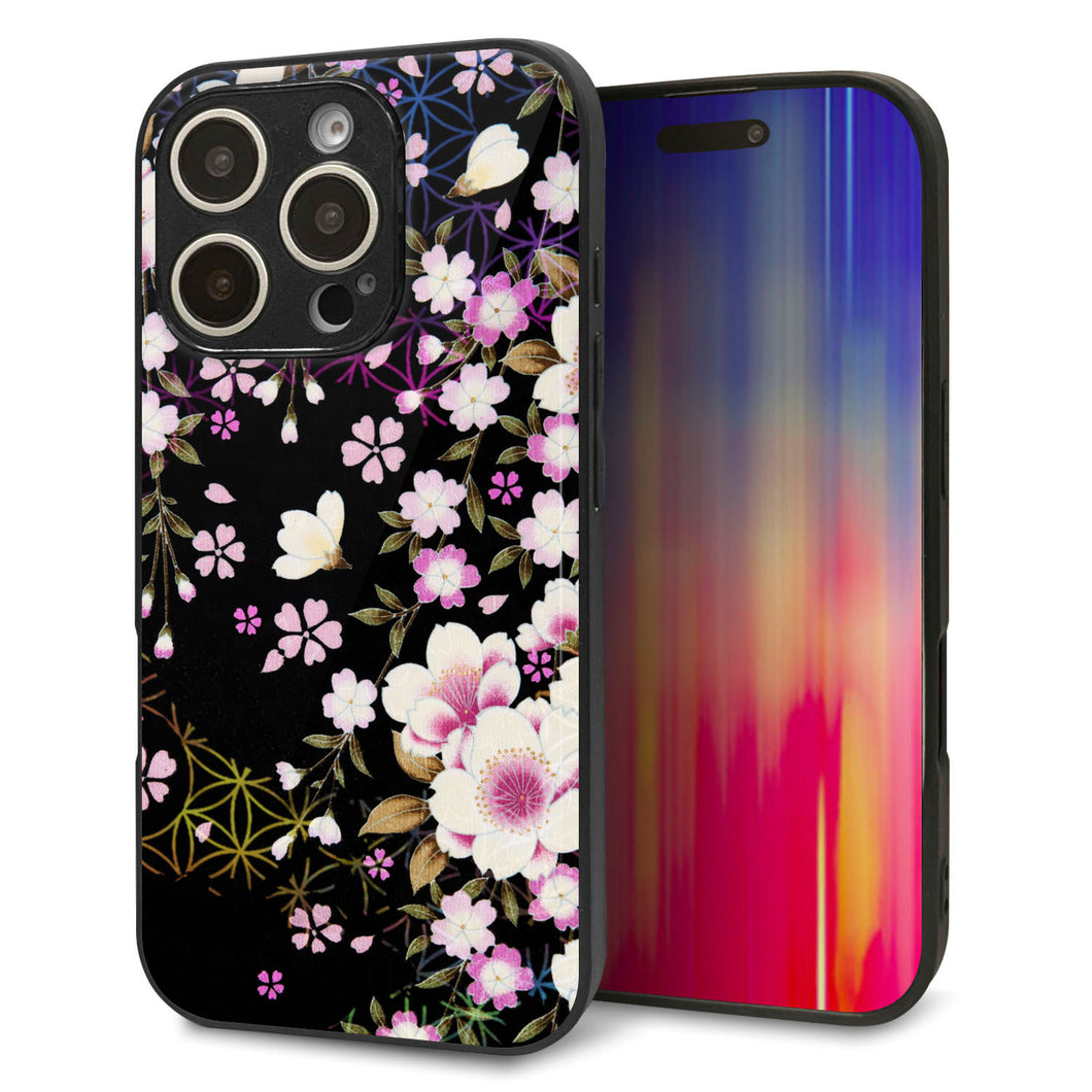 iPhone16 Pro 強化ガラス&TPUスマホケース ガラプリ【MA961 和柄 花 C】