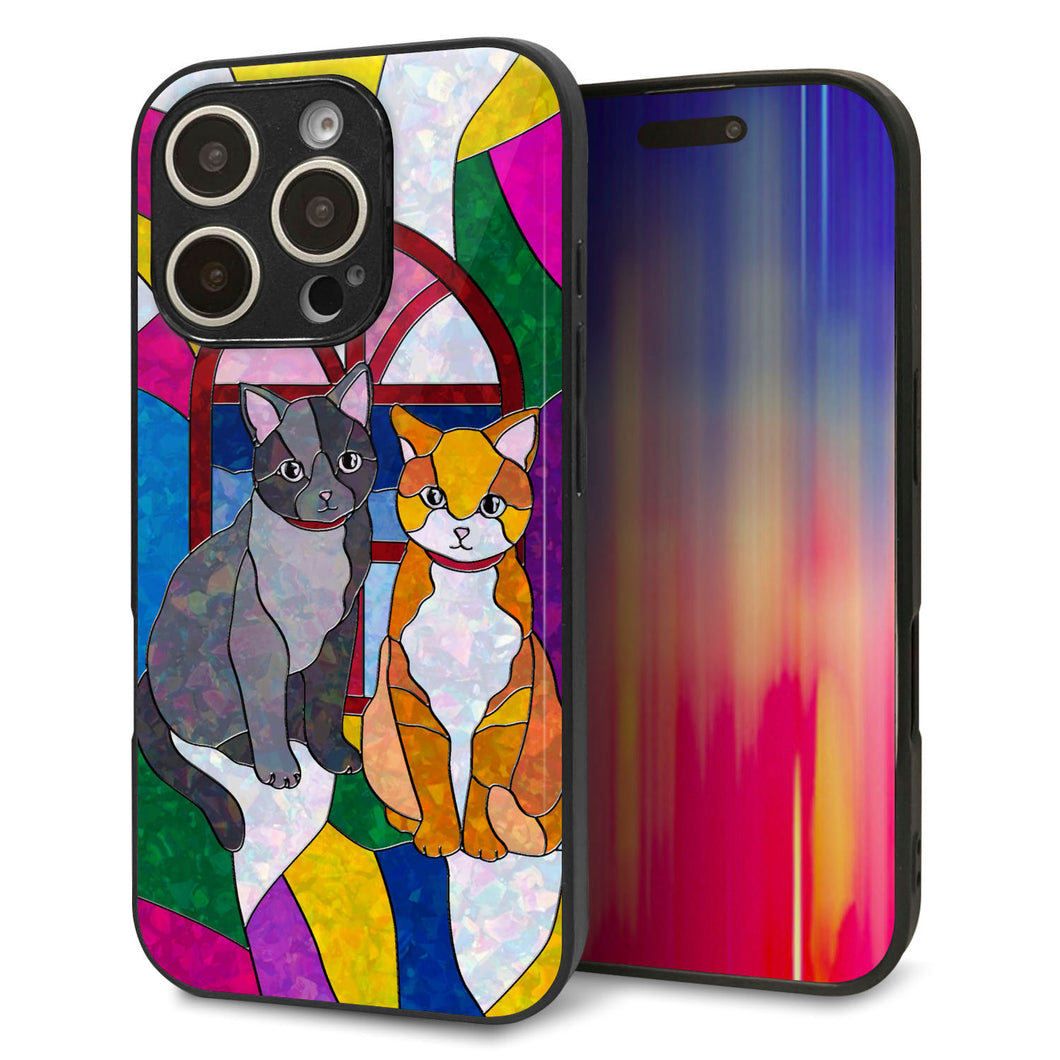 iPhone16 Pro 強化ガラス&TPUスマホケース ガラプリ【MA995 ステンドグラス ネコ】