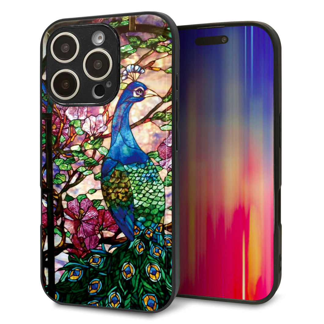 iPhone16 Pro 強化ガラス&TPUスマホケース ガラプリ【MA996 ステンドグラス クジャク】