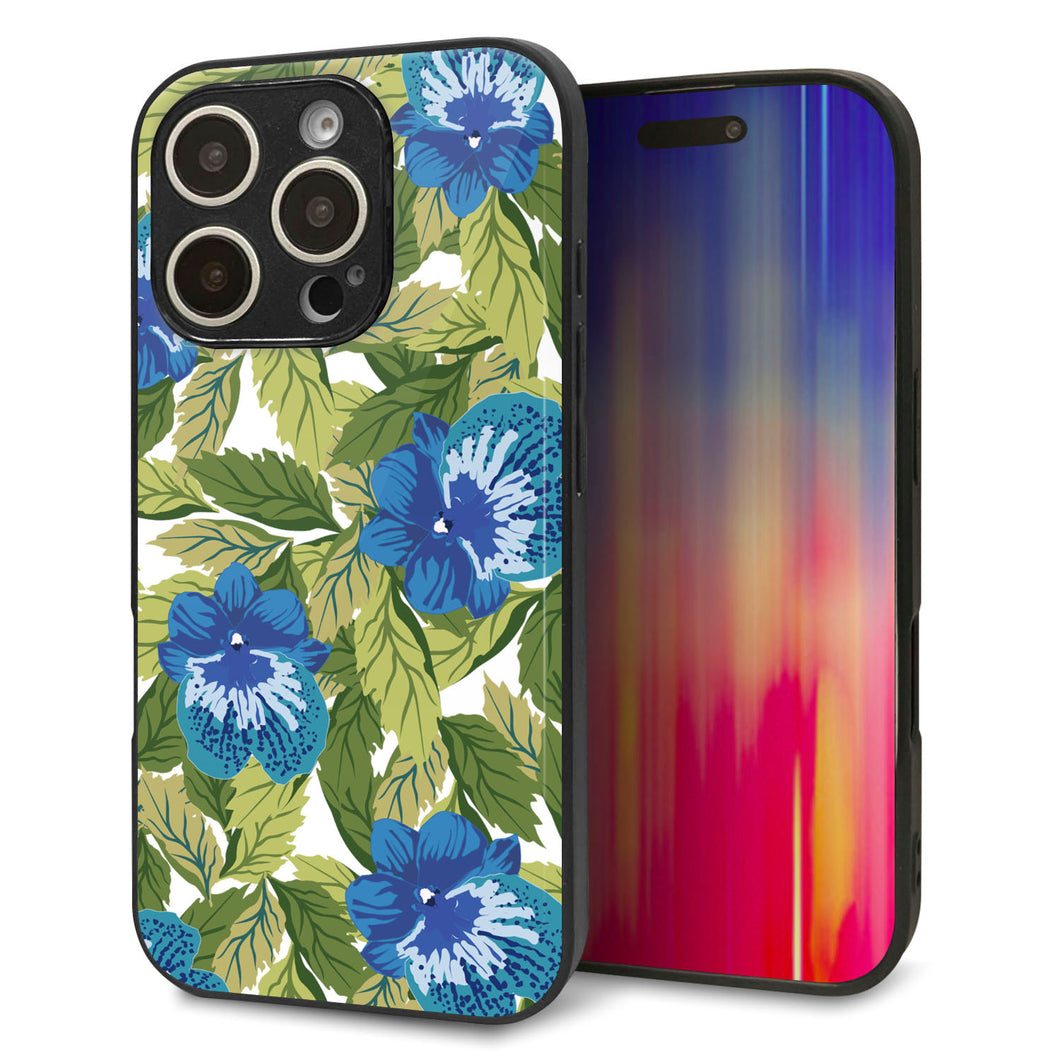 iPhone16 Pro 強化ガラス&TPUスマホケース ガラプリ【SC896 ボタニカル ブルー&リーフ】