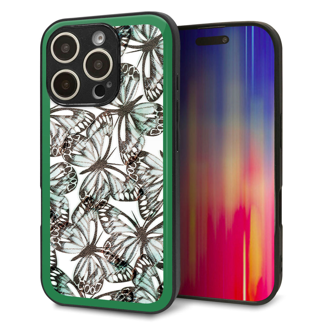 iPhone16 Pro 強化ガラス&TPUスマホケース ガラプリ【SC902 ガーデンバタフライ グリーン】
