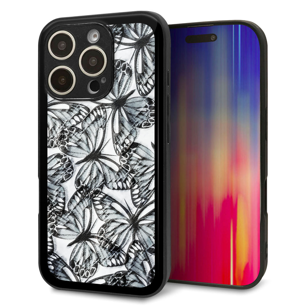 iPhone16 Pro 強化ガラス&TPUスマホケース ガラプリ【SC905 ガーデンバタフライ ブラック】