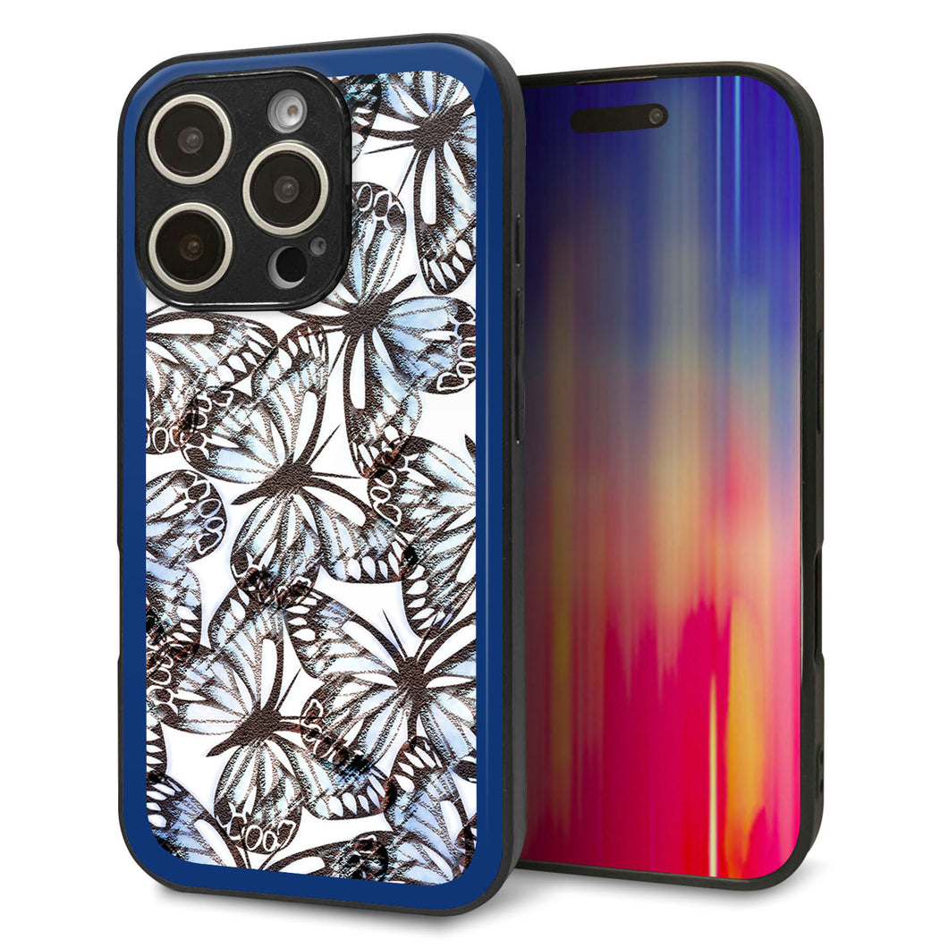 iPhone16 Pro 強化ガラス&TPUスマホケース ガラプリ【SC906 ガーデンバタフライ ブルー】