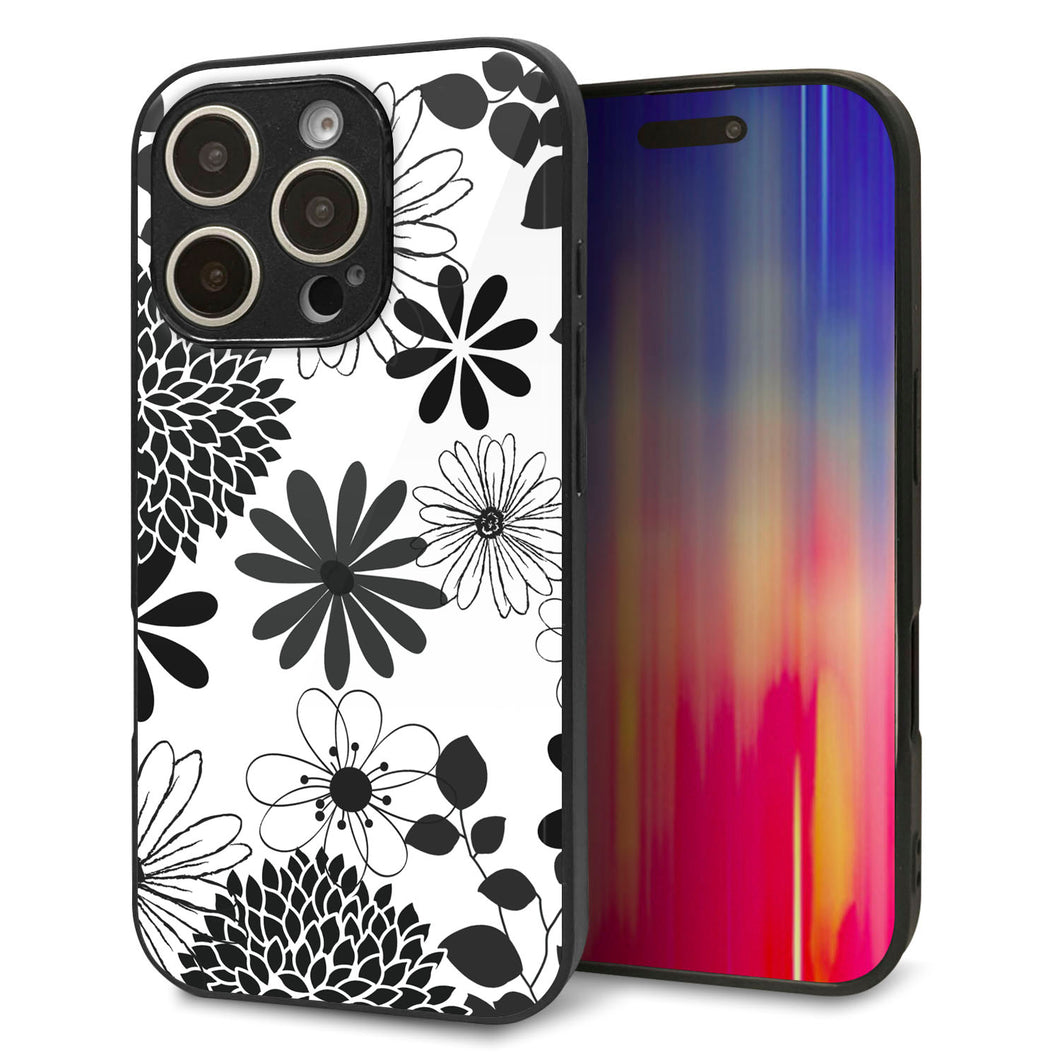 iPhone16 Pro 強化ガラス&TPUスマホケース ガラプリ【SC912 花柄モノトーン 01】