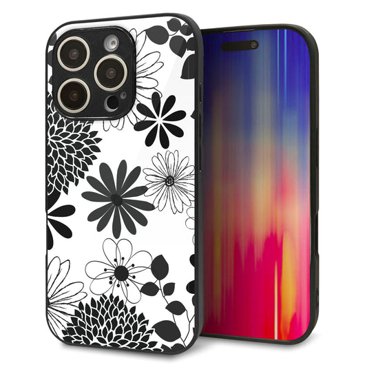 iPhone16 Pro 強化ガラス&TPUスマホケース ガラプリ【SC912 花柄モノトーン 01】