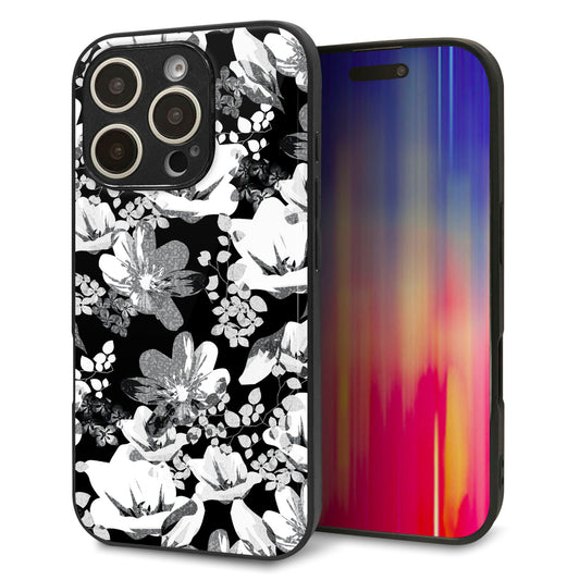 iPhone16 Pro 強化ガラス&TPUスマホケース ガラプリ【SC913 花柄モノトーン 02】