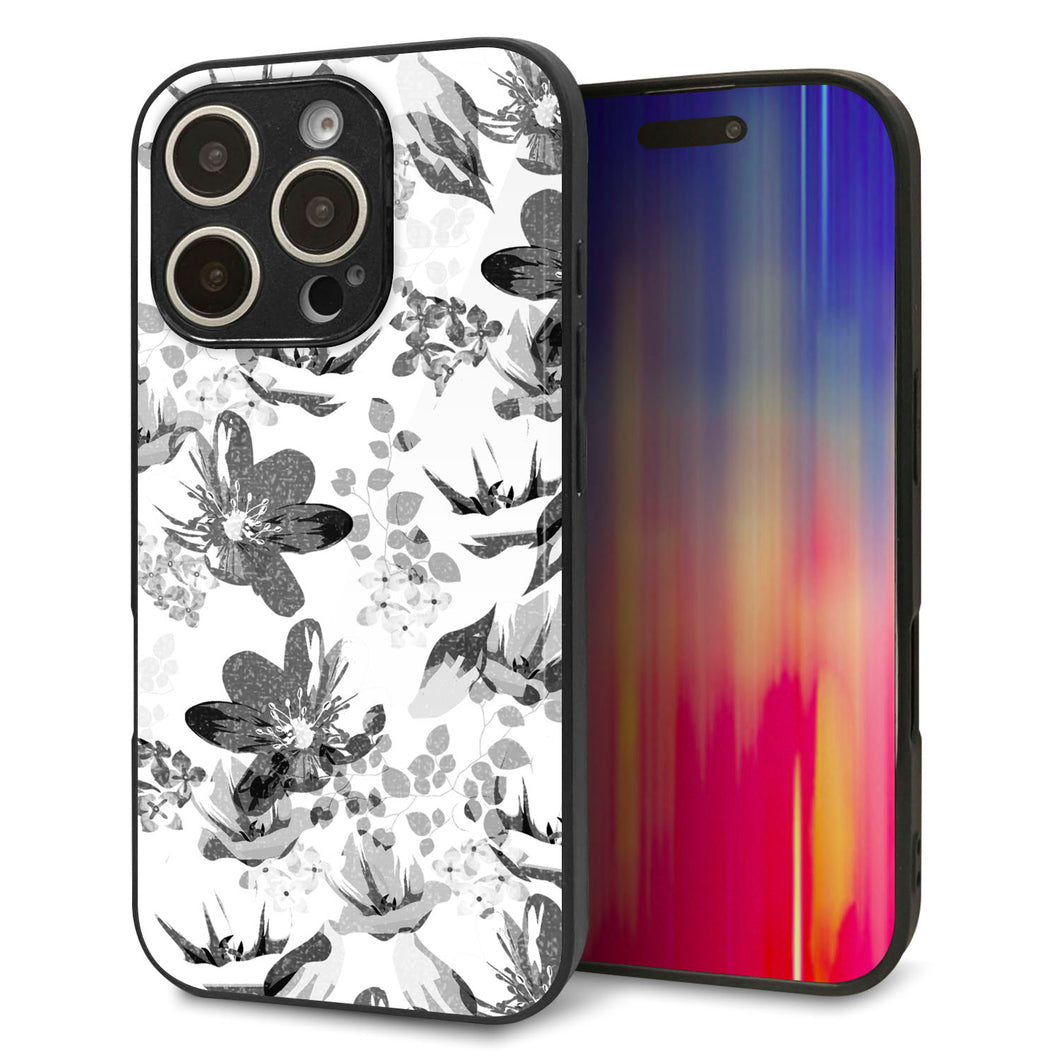 iPhone16 Pro 強化ガラス&TPUスマホケース ガラプリ【SC914 花柄モノトーン 03】