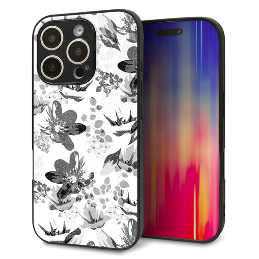 iPhone16 Pro 強化ガラス&TPUスマホケース ガラプリ【SC914 花柄モノトーン 03】