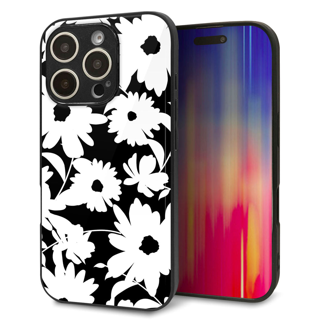 iPhone16 Pro 強化ガラス&TPUスマホケース ガラプリ【SC915 花柄モノトーン 04】
