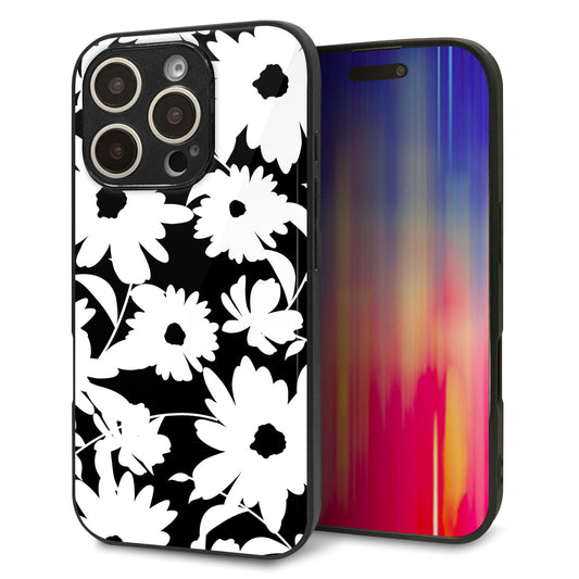 iPhone16 Pro 強化ガラス&TPUスマホケース ガラプリ【SC915 花柄モノトーン 04】