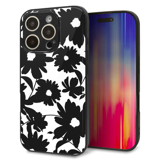iPhone16 Pro 強化ガラス&TPUスマホケース ガラプリ【SC916 花柄モノトーン 05】