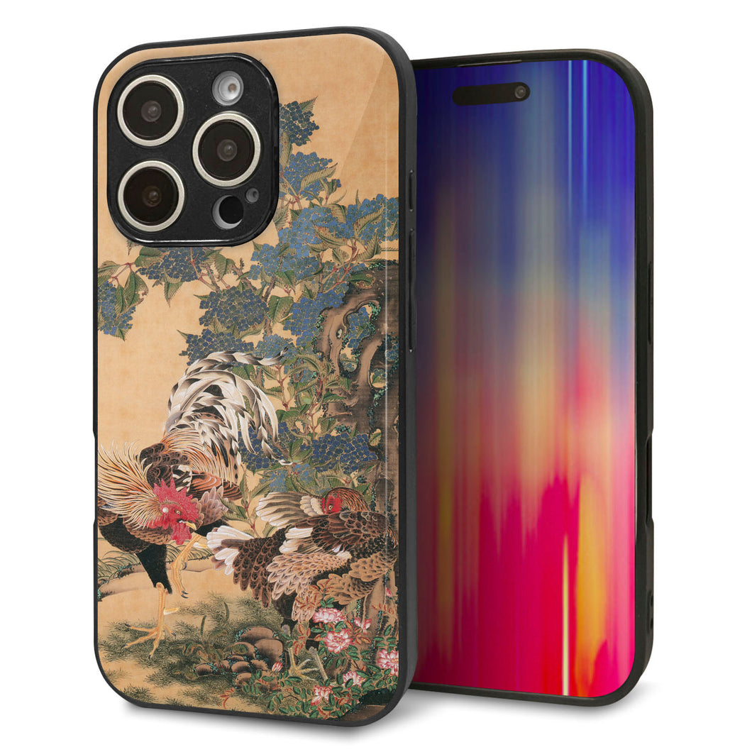 iPhone16 Pro 強化ガラス&TPUスマホケース ガラプリ【TA006 紫陽花双鶏】