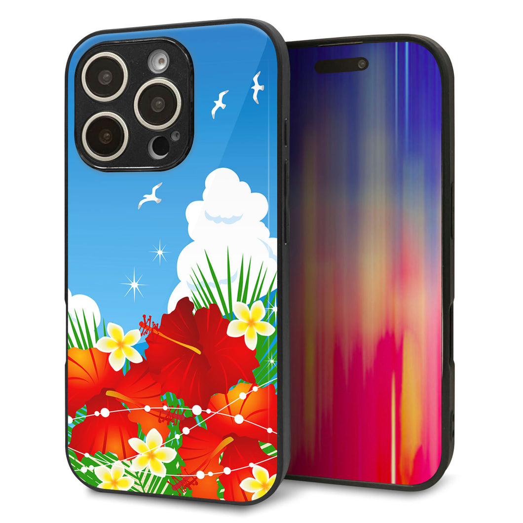 iPhone16 Pro 強化ガラス&TPUスマホケース ガラプリ【VA821 ハイビスカスと青空】