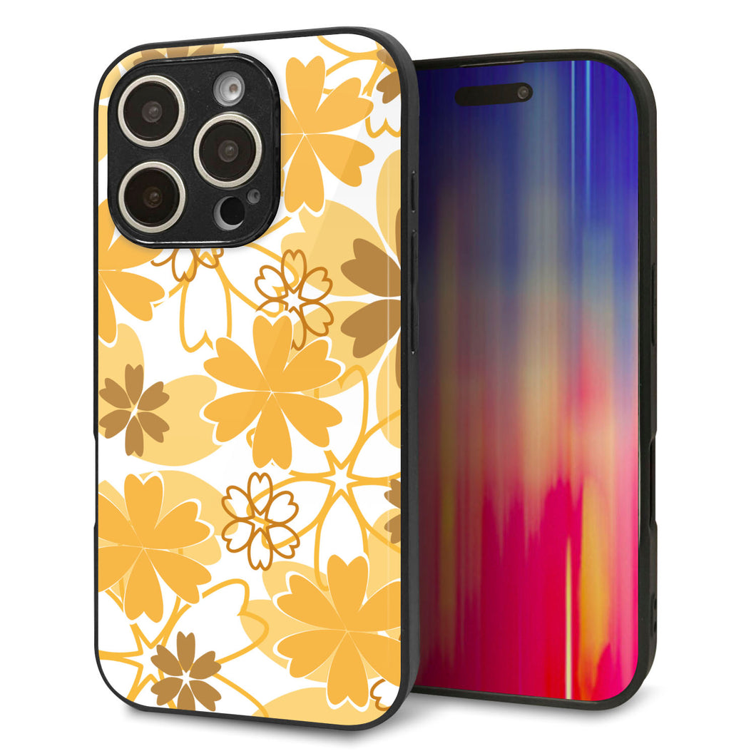 iPhone16 Pro 強化ガラス&TPUスマホケース ガラプリ【VA959 重なり合う花 オレンジ】