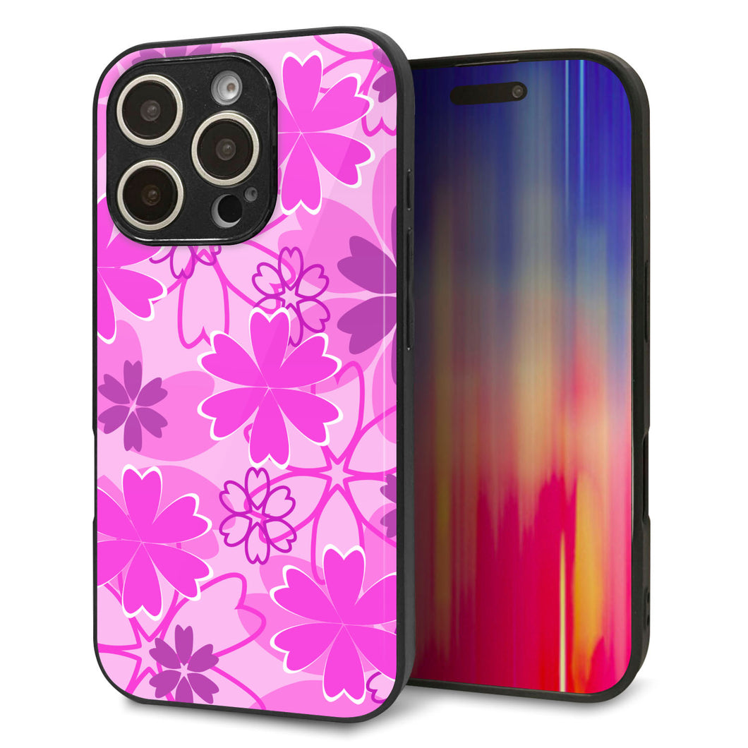 iPhone16 Pro 強化ガラス&TPUスマホケース ガラプリ【VA961 重なり合う花 ピンク】