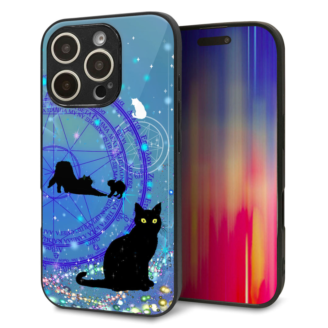 iPhone16 Pro 強化ガラス&TPUスマホケース ガラプリ【YJ327 魔法陣猫 キラキラ かわいい】