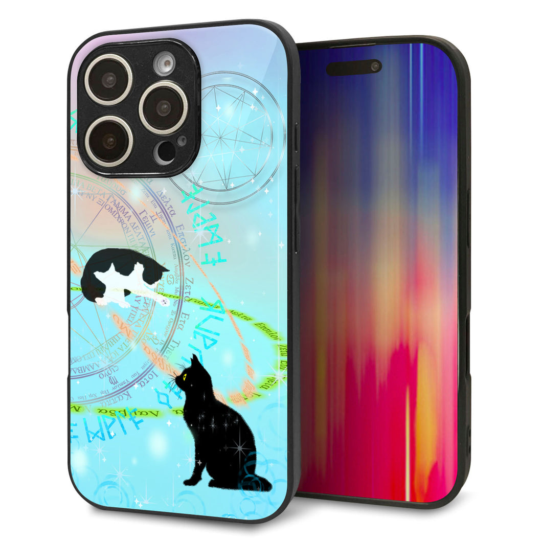 iPhone16 Pro 強化ガラス&TPUスマホケース ガラプリ【YJ329 魔法陣猫 キラキラ パステル】