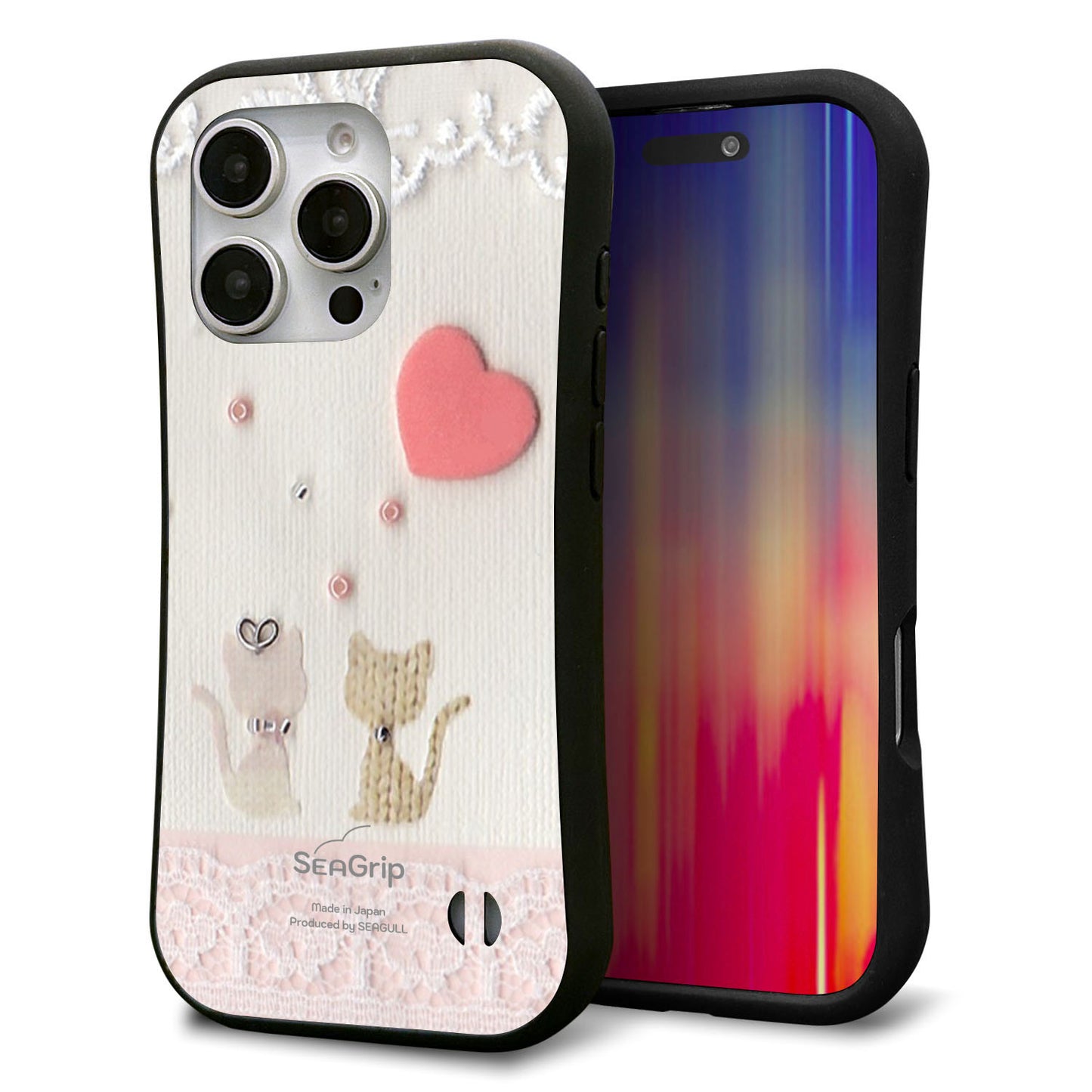 iPhone16 Pro スマホケース 「SEA Grip」 グリップケース Sライン 【1104 クラフト写真ネコ(ハートM)】 UV印刷