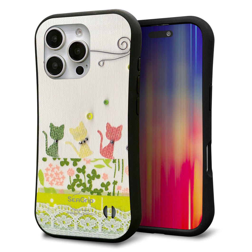 iPhone16 Pro スマホケース 「SEA Grip」 グリップケース Sライン 【1106 クラフト写真 ネコ (ワイヤー2)】 UV印刷