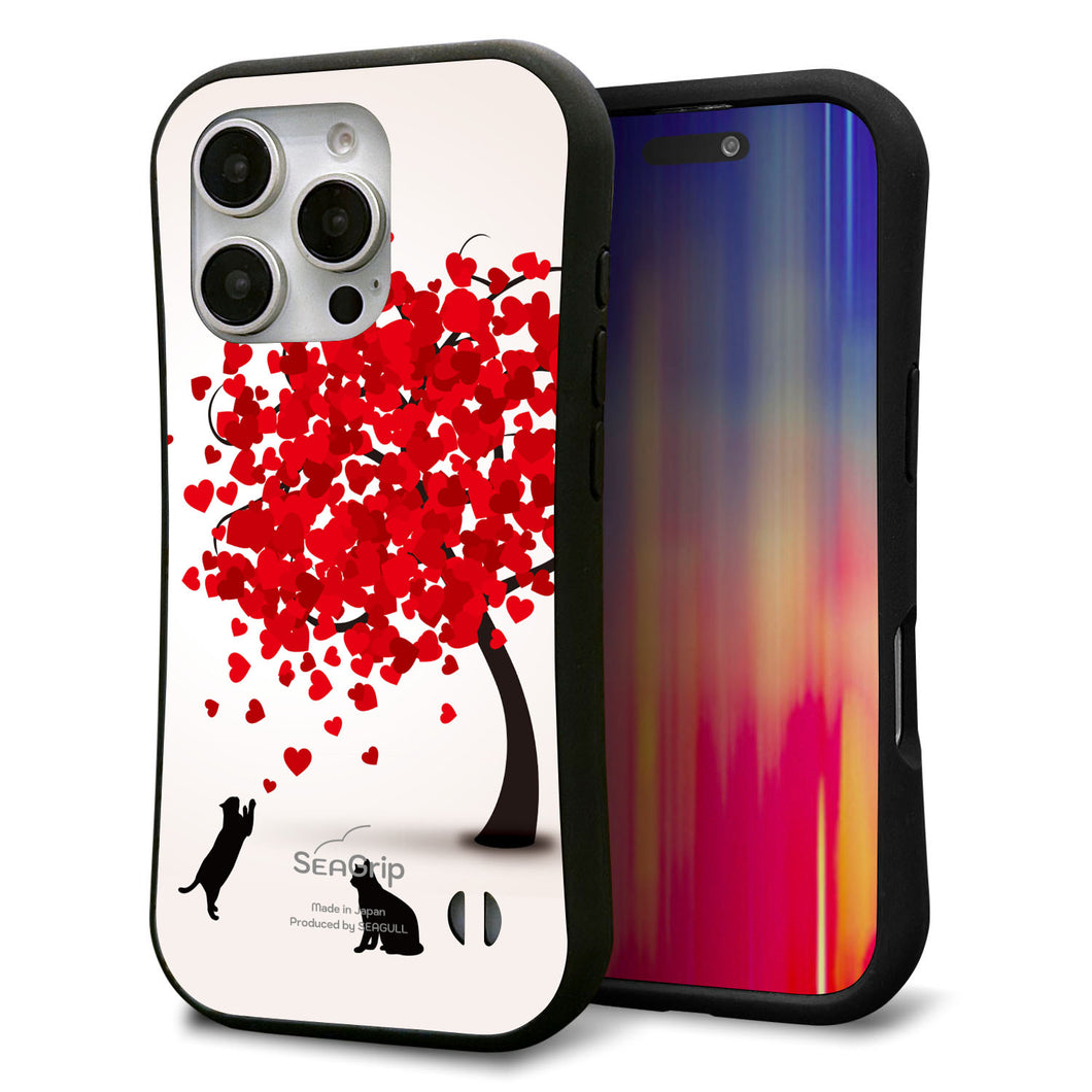 iPhone16 Pro スマホケース 「SEA Grip」 グリップケース Sライン 【EK915 二匹のネコとハートの木】 UV印刷