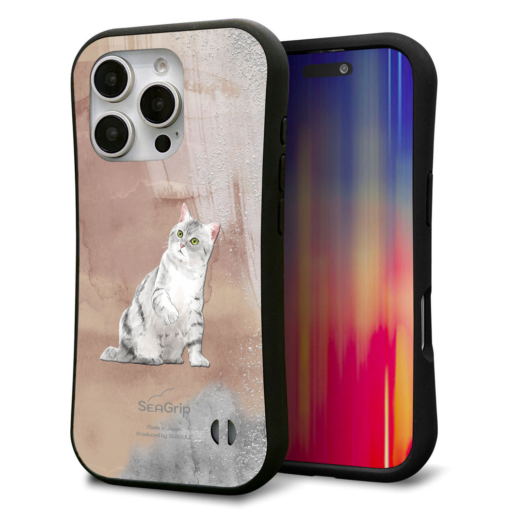 iPhone16 Pro スマホケース 「SEA Grip」 グリップケース Sライン 【HA166 アメリカンショートヘア+くすみカラー】 UV印刷