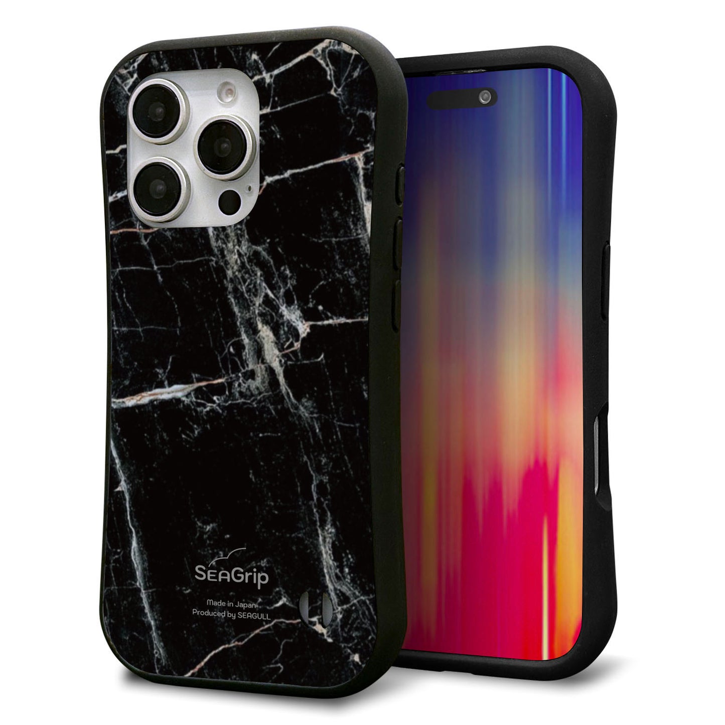 iPhone16 Pro スマホケース 「SEA Grip」 グリップケース Sライン 【KM867 大理石BK】 UV印刷
