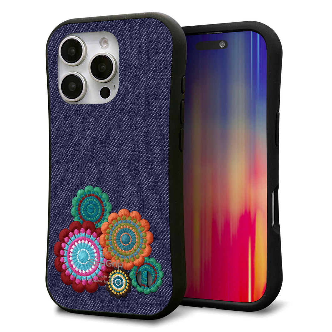 iPhone16 Pro スマホケース 「SEA Grip」 グリップケース Sライン 【KM934 エスニックフラワー デニム】 UV印刷