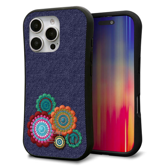 iPhone16 Pro スマホケース 「SEA Grip」 グリップケース Sライン 【KM934 エスニックフラワー デニム】 UV印刷
