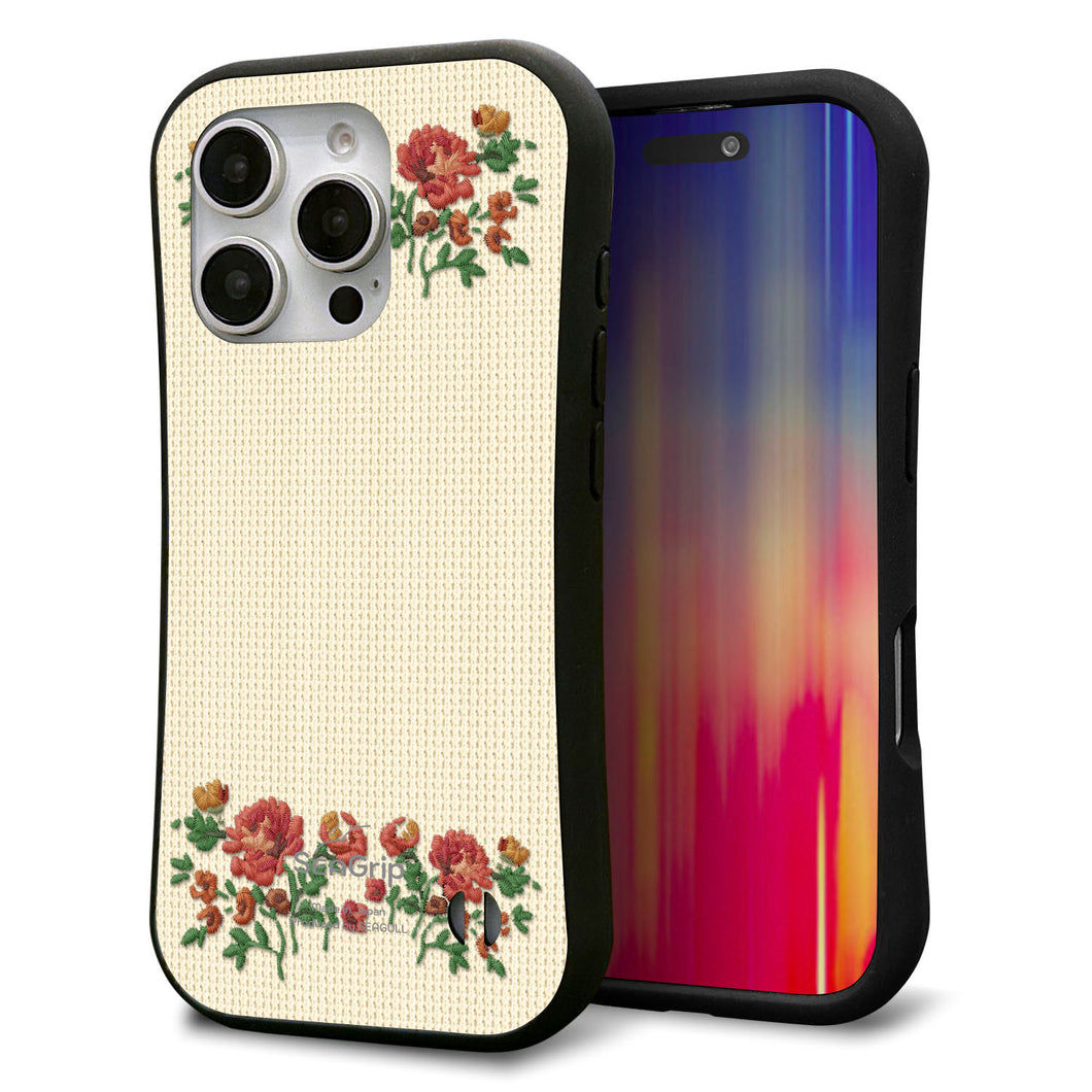 iPhone16 Pro スマホケース 「SEA Grip」 グリップケース Sライン 【KM941 花刺繍風 レッドフラワー オフホワイト 】 UV印刷