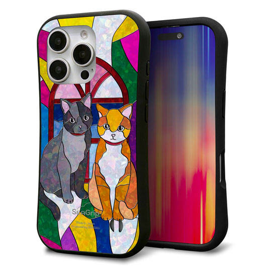 iPhone16 Pro スマホケース 「SEA Grip」 グリップケース Sライン 【MA995 ステンドグラス ネコ】 UV印刷