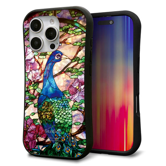 iPhone16 Pro スマホケース 「SEA Grip」 グリップケース Sライン 【MA996 ステンドグラス クジャク】 UV印刷