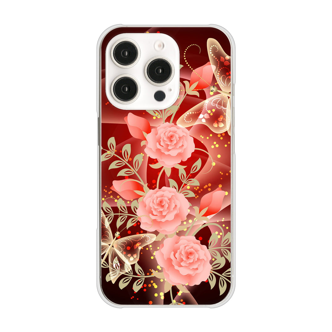 iPhone16 Pro 高画質仕上げ 背面印刷 ハードケース 【VA824 魅惑の蝶とピンクのバラ】