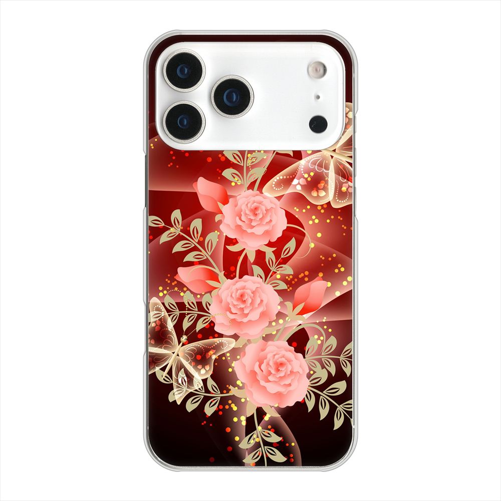 iPhone18 Pro Max 高画質仕上げ 背面印刷 ハードケース 【VA824 魅惑の蝶とピンクのバラ】