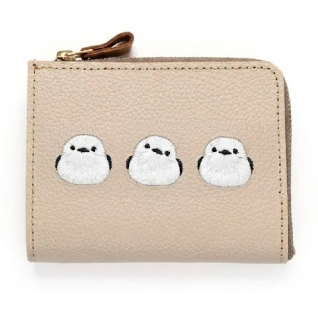 シマエナガとネコ マチあり L字ファスナー コインケース 【 シュリンクレザー 刺繍 】 本革 財布 ミニウォレット 姫路レザー