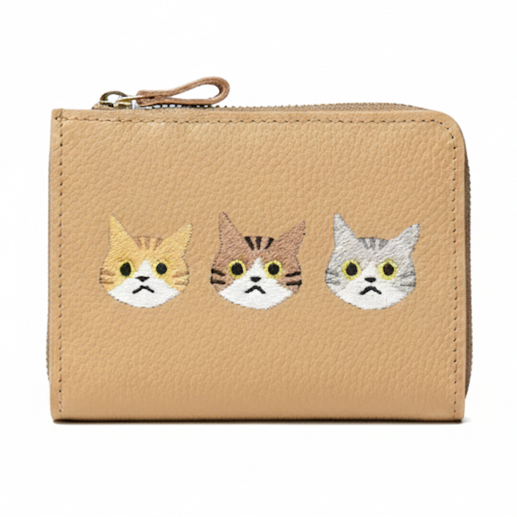 シマエナガとネコ マチあり L字ファスナー コインケース 【 シュリンクレザー 刺繍 】 本革 財布 ミニウォレット 姫路レザー