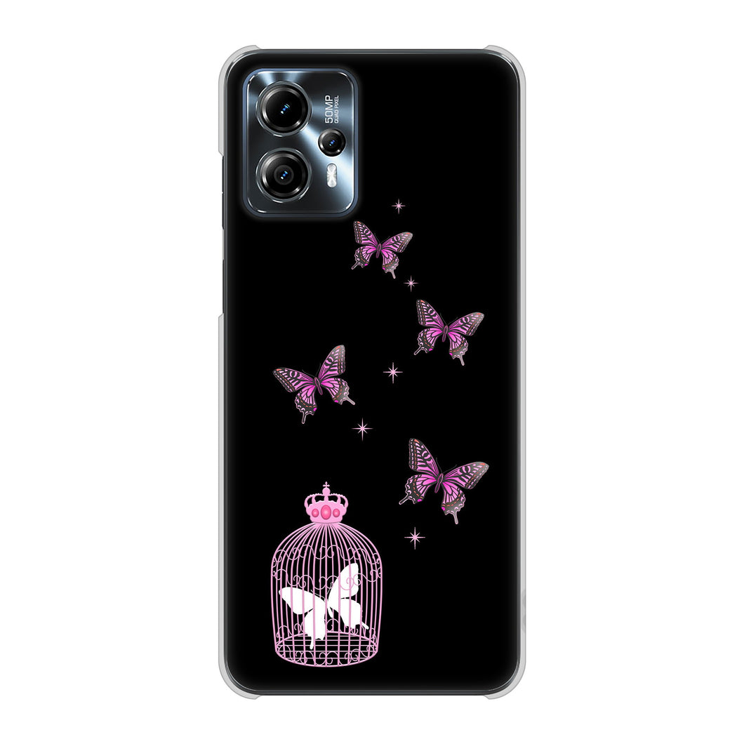 moto g13 高画質仕上げ 背面印刷 ハードケースむかいあぐる 蝶の王冠鳥かご