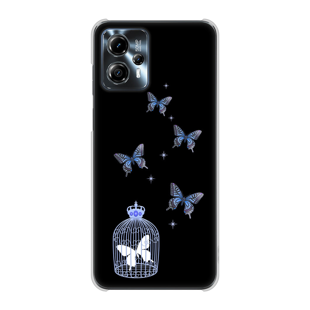 moto g13 高画質仕上げ 背面印刷 ハードケースむかいあぐる 蝶の王冠鳥かご