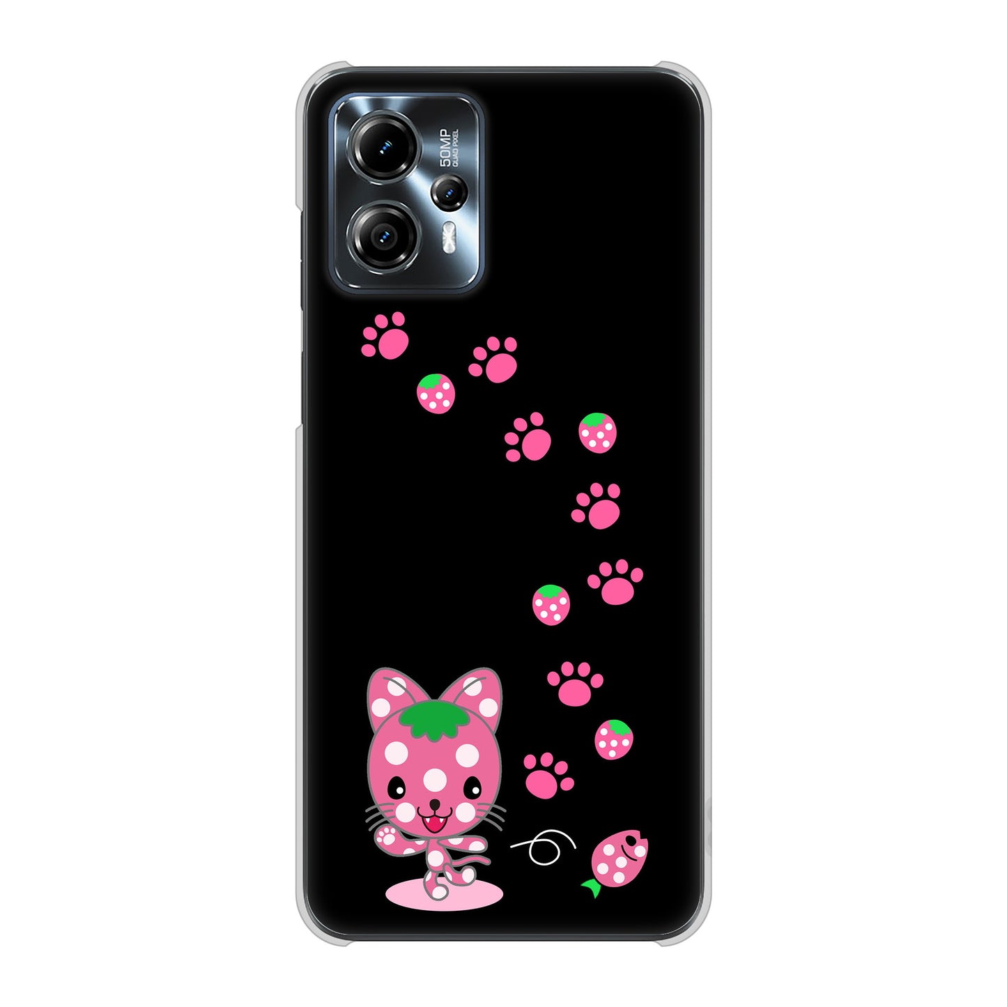 moto g13 高画質仕上げ 背面印刷 ハードケースむかいあぐる イチゴ猫のにゃんベリー