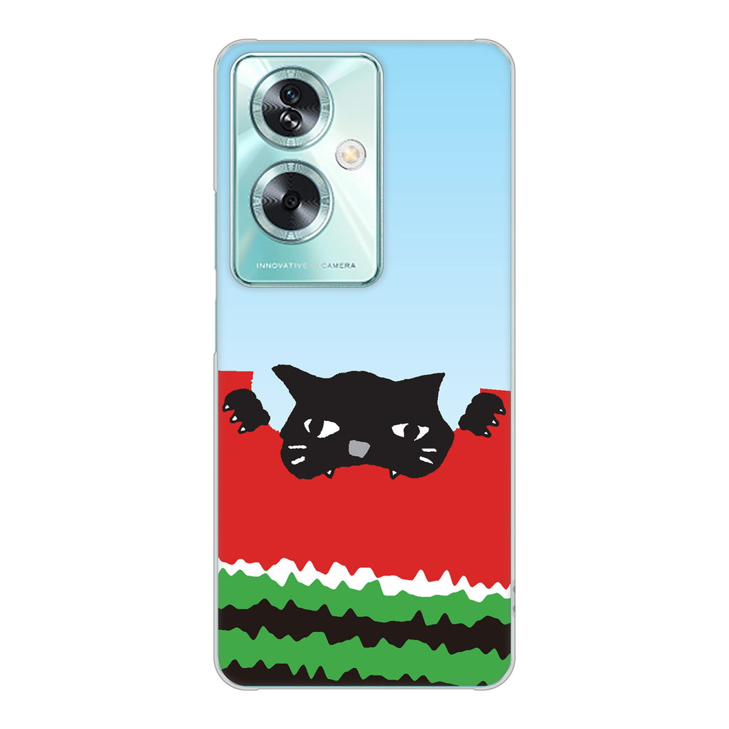 OPPO A79 5G 高画質仕上げ 背面印刷 ハードケースすいかをかじるネコ