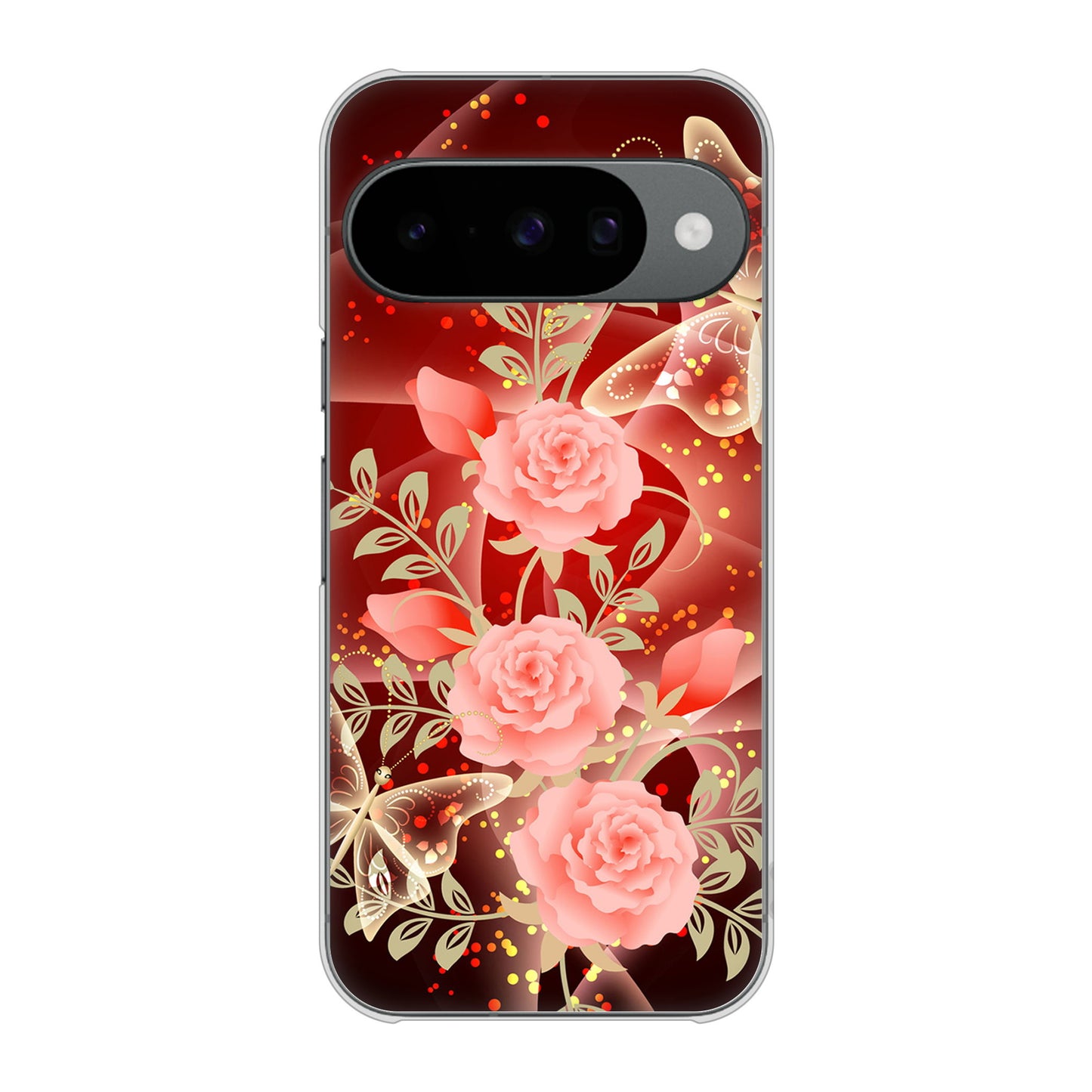 Google Pixel 10 高画質仕上げ 背面印刷 ハードケース 【VA824 魅惑の蝶とピンクのバラ】