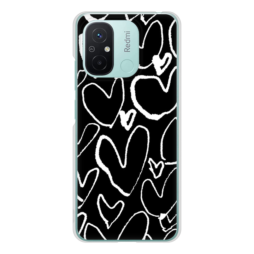 Xiaomi Redmi 12C 高画質仕上げ 背面印刷 ハードケース 【1124 ハート BK&WH】