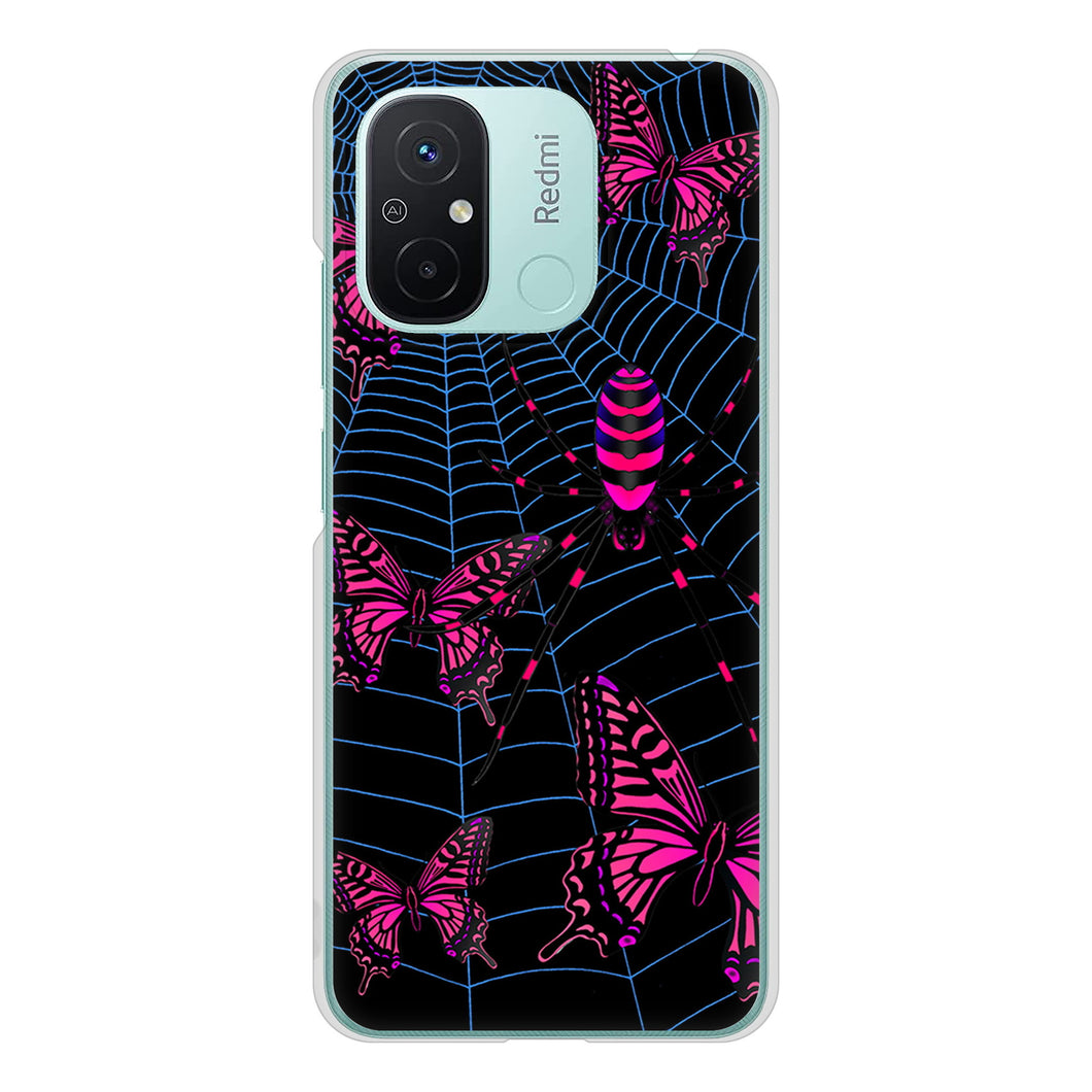 Xiaomi Redmi 12C 高画質仕上げ 背面印刷 ハードケースむかいあぐる 蜘蛛の巣に舞う蝶